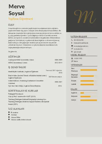 Yabancı Dil Öğretmeni Cv Örnekleri cv indir